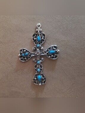 Turquoise Accent Silver-Tone Cross Pendant Necklace